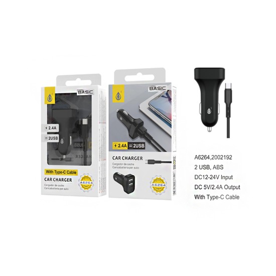 ADAPTADOR DE CARGA PARA CARRO ONEPLUS A6264 NE COM TIPO C 2 PORTAS USB 2.4A PRETO